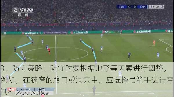 3、防守策略：防守时要根据地形等因素进行调整。例如，在狭窄的路口或洞穴中，应选择弓箭手进行牵制和火力支援。  第1张